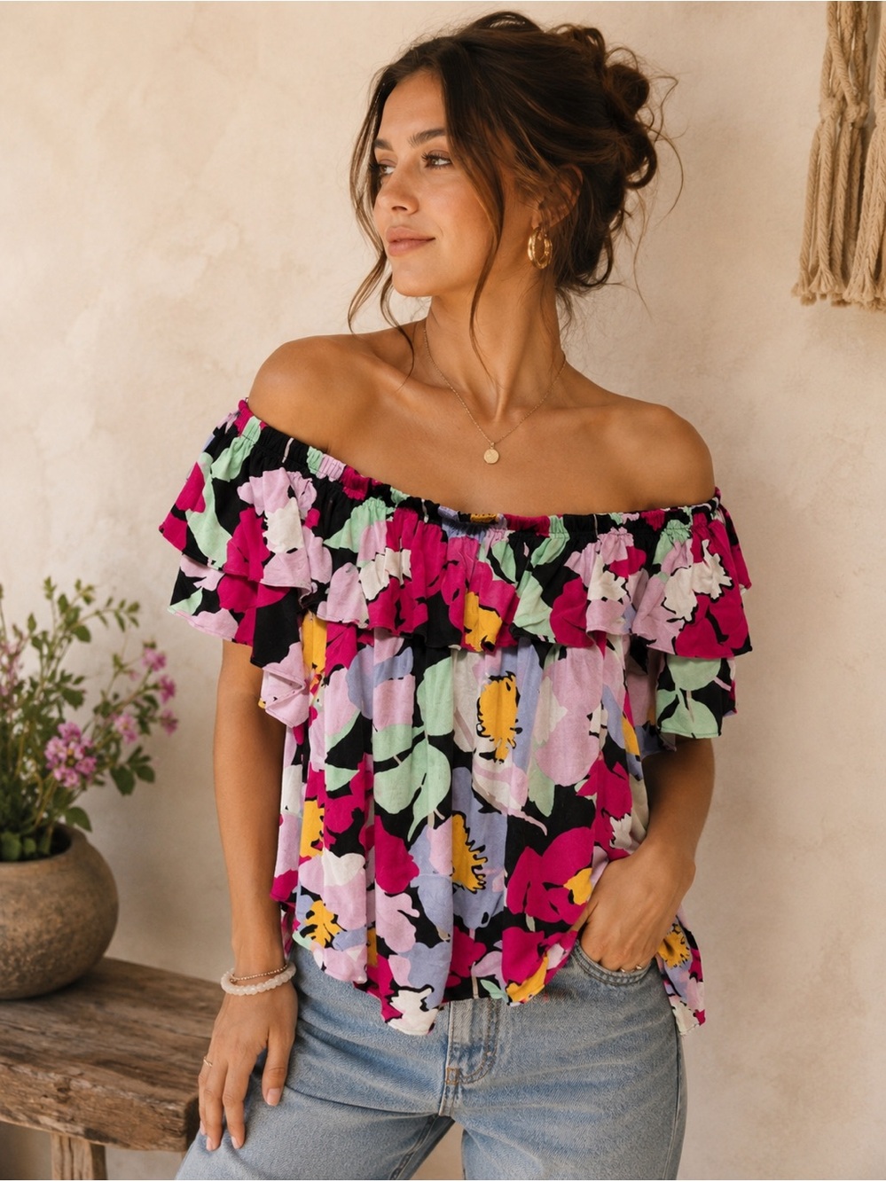 Floral Off Shoulder Ruffle Viscose Boho Blouse
